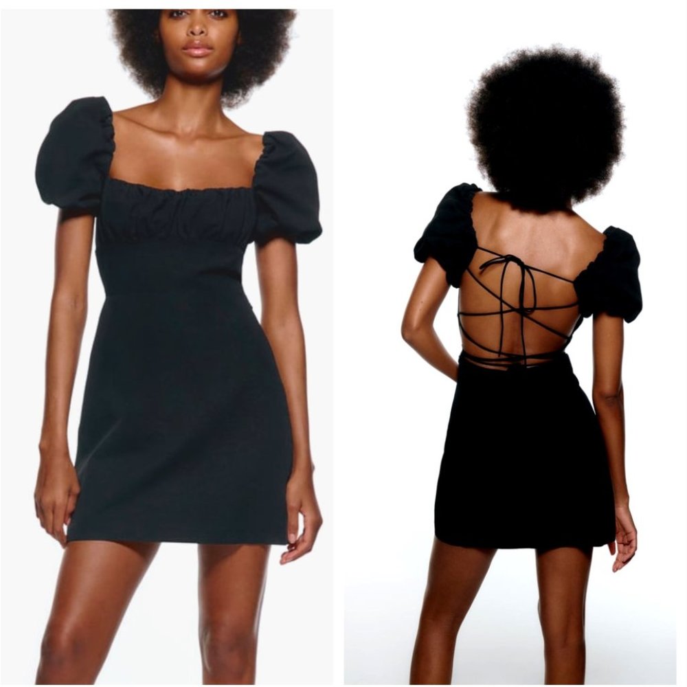 ZARA NWT LINEN BLEND BALLON SLEEVES OPEN TIE BACK DRESS -  Bloggers Fav